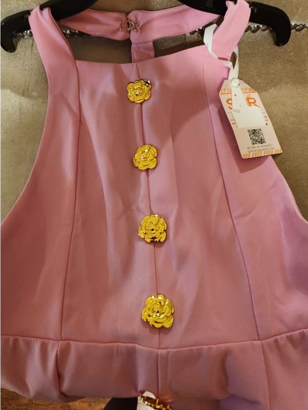 Sleeveless Pink Mini Dress with Gold Floral Buttons